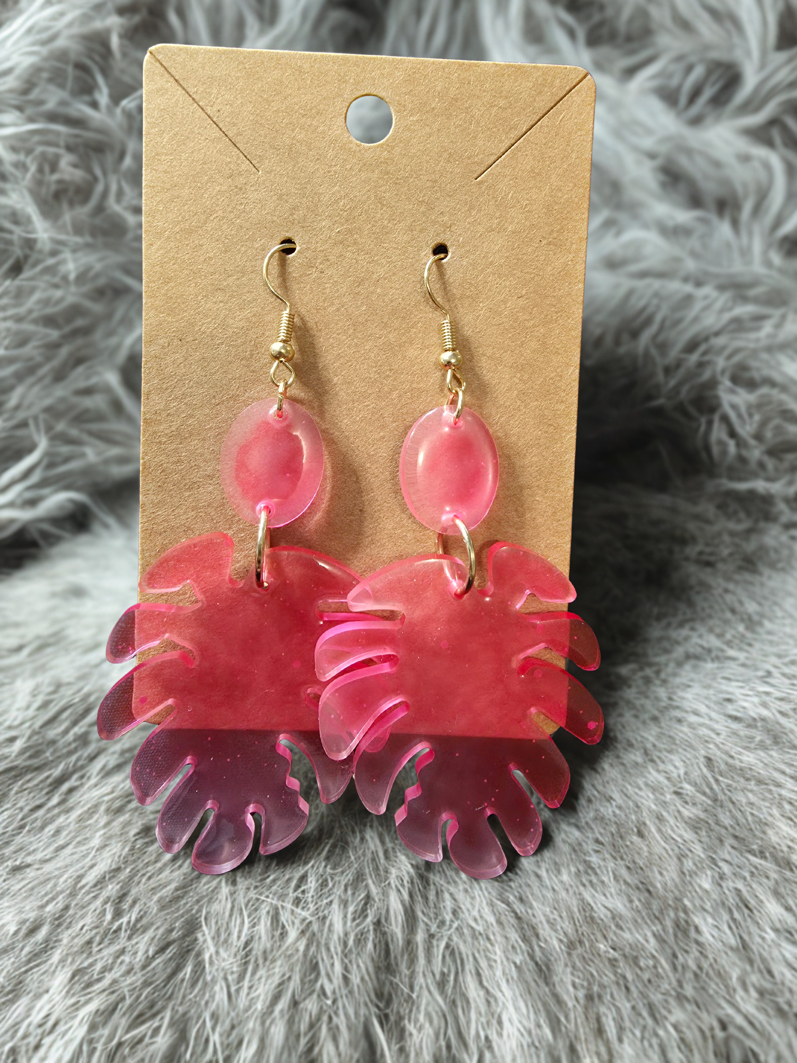 Hot Pink Sparkly Leaf Earrings